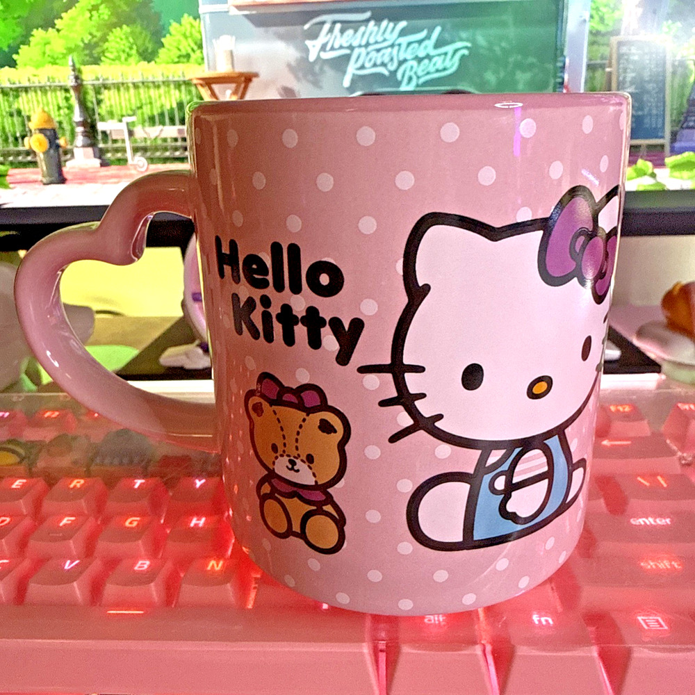 Sanrio Hello Kitty Pink Polka Dot Cookie Milk Ceramic Mug Heart Handle 2025